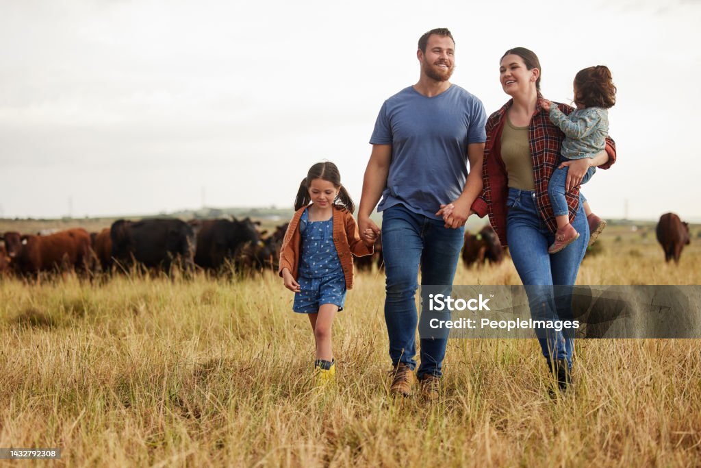 Farmer family, cow farm and bonding mother, father and children on environment or countryside sustainability agriculture field. Happy people and kids walking by cattle for meat, beef or food industry